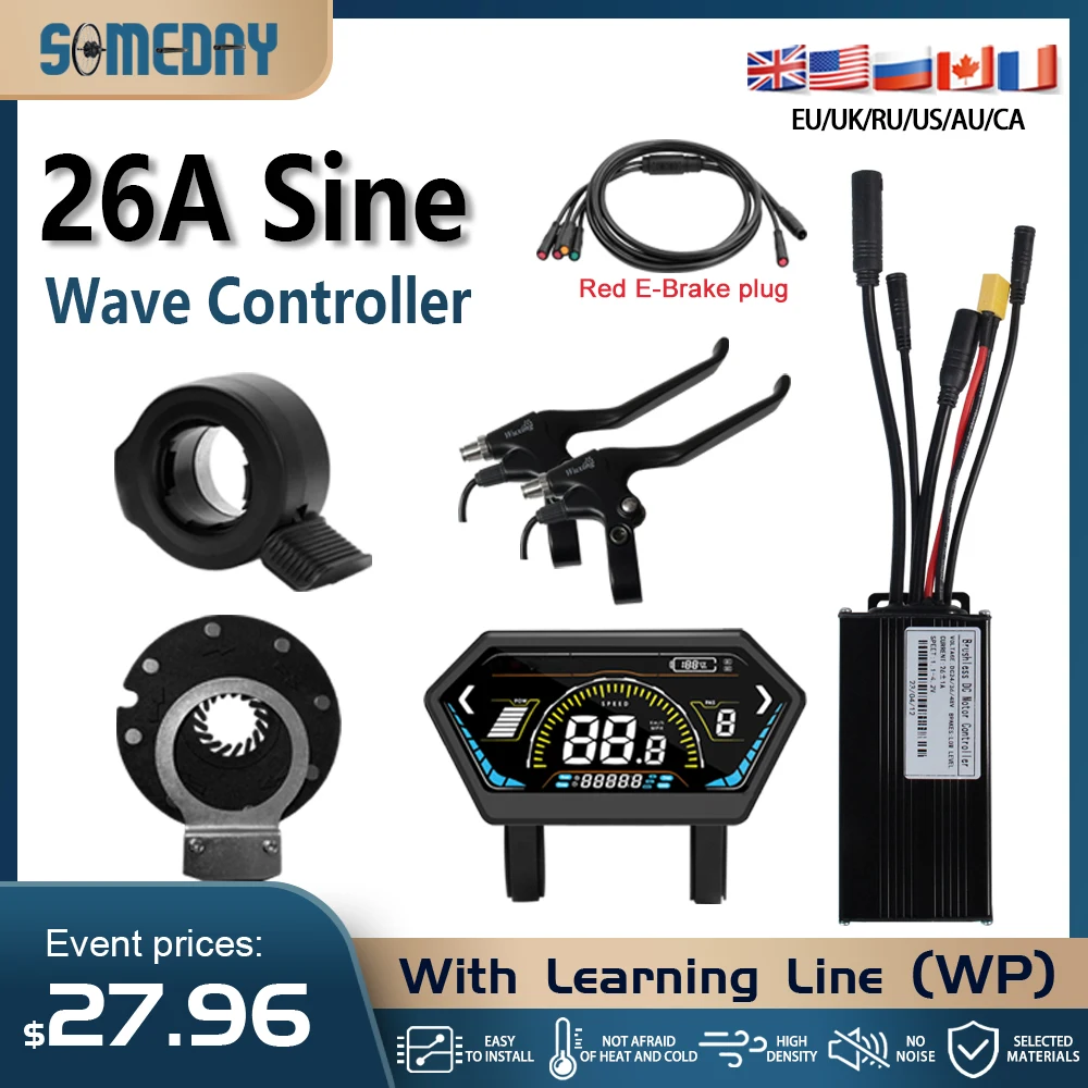 

Трехрежимный синусоидальный контроллер 26А, водонепроницаемый, 24В/36В/48В, для электровелосипедов, бесщеточный, с ЖК-дисплеем, для двигателей 500Вт/750Вт