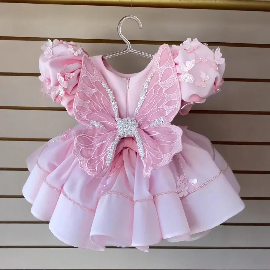 Custom Flower Girl Dress Wedding Gown Birthday Party Dress Puff Sleeve Butterfly Sequin Decor Ruffled Princess Dress For Little