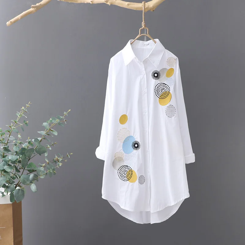 Women Embroidery Loose Long White Shirts 2024 Spring Autumn New Casual Office Lady Blouse Female Top Oversize Blouse