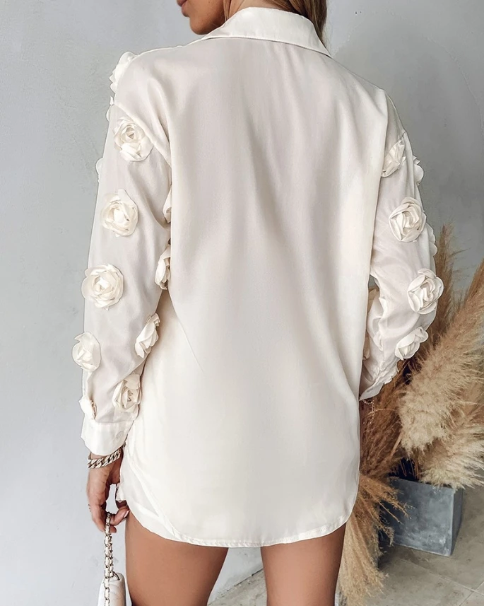 Two Piece Set Women Outfit 2024 Flower-Embroidery Detail Buttoned Turn-Down Collar Shirt & High Waist Pocket Design Shorts Set