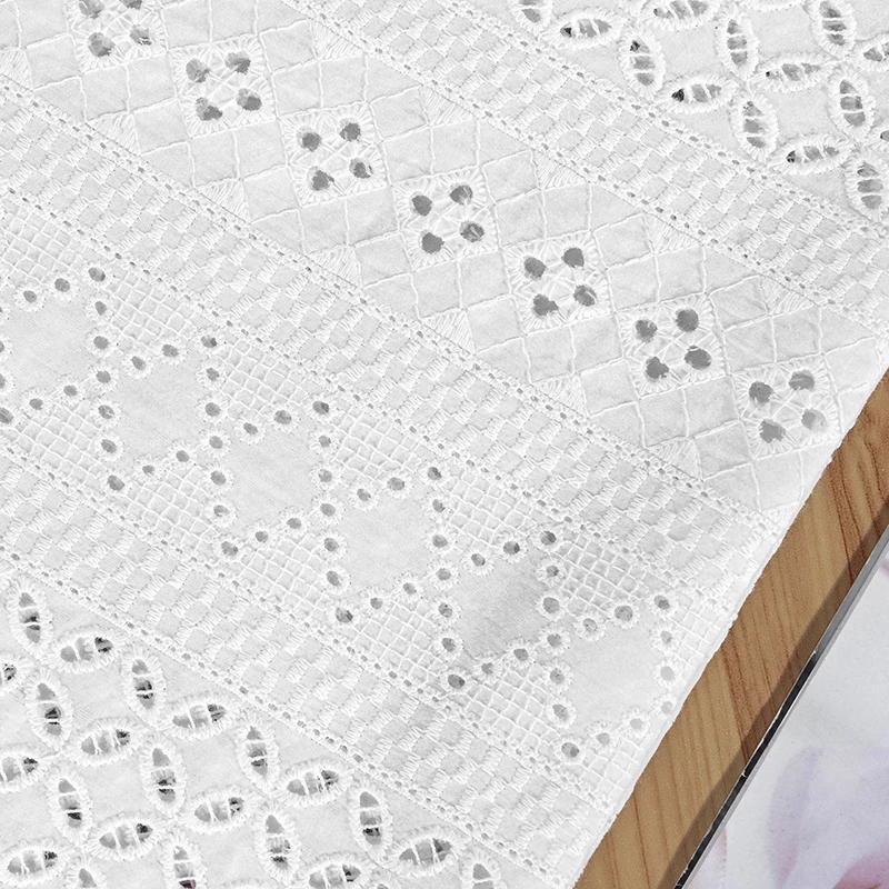 White Hollow Embroidery Lace Fabric, 100% Cotton, Wedding Dress, Fashion Clothing, Skirt Fabric