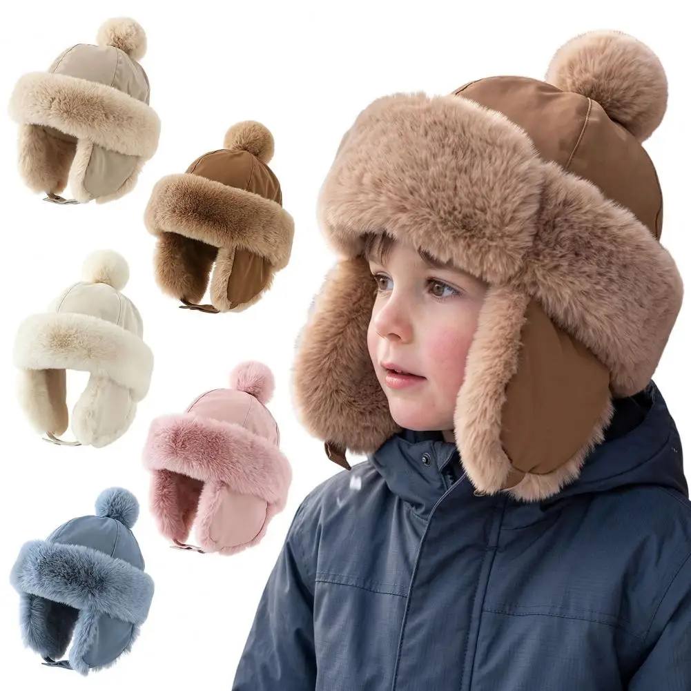 Kids Winter Ear-Flap Hat, Warm Trapper Hat with Pom Pom, Windproof Ushanka Hat for Boys Girls, Cold Weather, Fits Ages 2 to 12