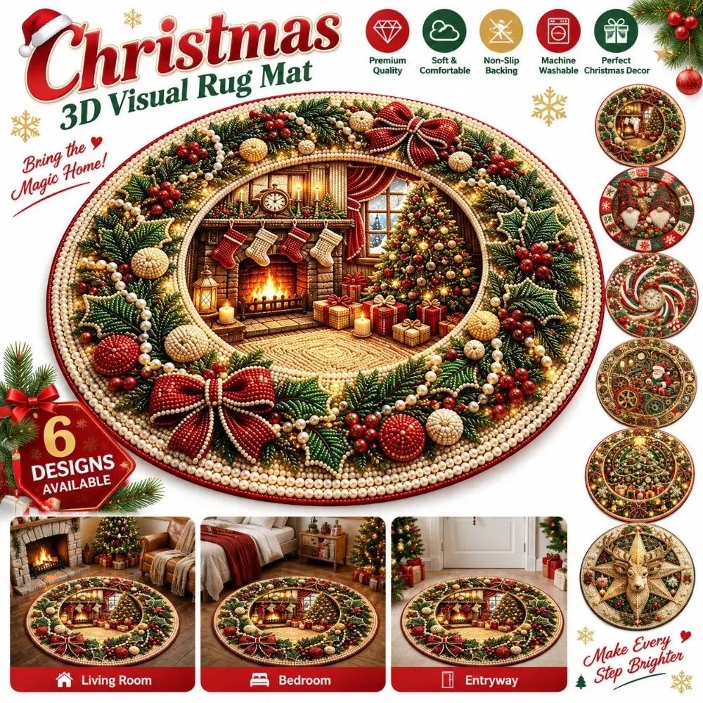 60*60cm Christmas Round Carpet Imitation Cashmere 3D Special-shaped Santa Claus Floor Mat Anti-Slip Red Bedroom Door Mat