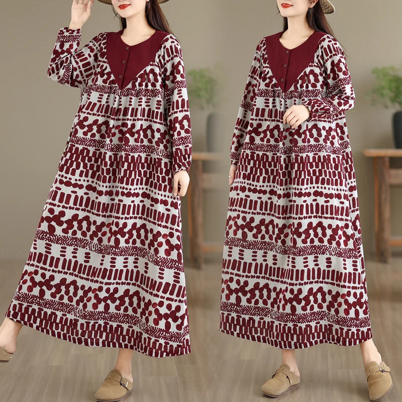 جديد Ele القطن الكتان الأزهار طباعة ميدي الدكتور وهمية قطعتين ربيع الخريف العرقية Sle فضفاضة تناسب عالية الخصر طويلة Sve V...