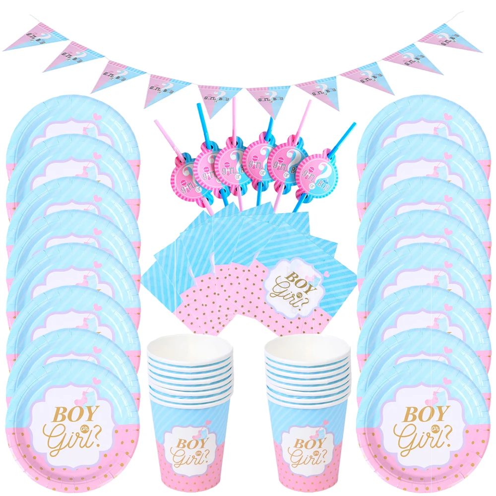 فتاة لصبي أدوات المائدة القابل للتصرف الجنس تكشف ورق للاستعمال مرة واحدة كأس لوحة راية مفرش المائدة للجنسين تكشف ديكور الحفلات