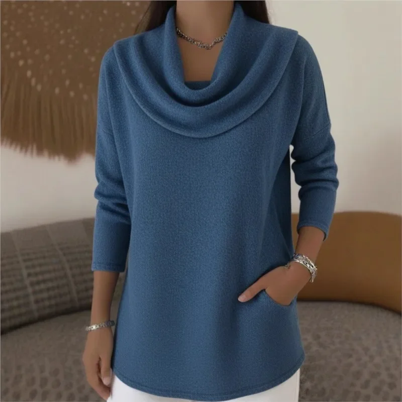 

Autumn Winter New Solid Color Stacked Collar Long Sleeve Comfortable Casual Pocket Pullover For Women With Pocket Top Ropa Mujer