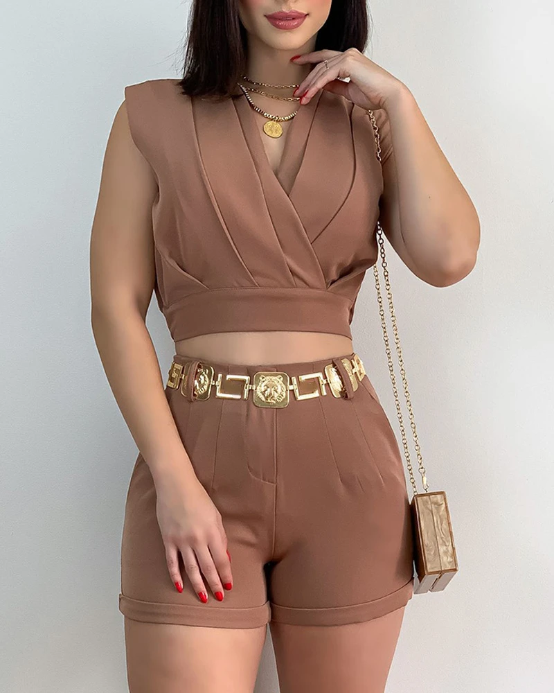 Two Piece Set Women Outifit V-Neck Ruched Crop Top & Shorts Set (Without Belt) Summer Clothes Women 2024 Trend New Arrivals