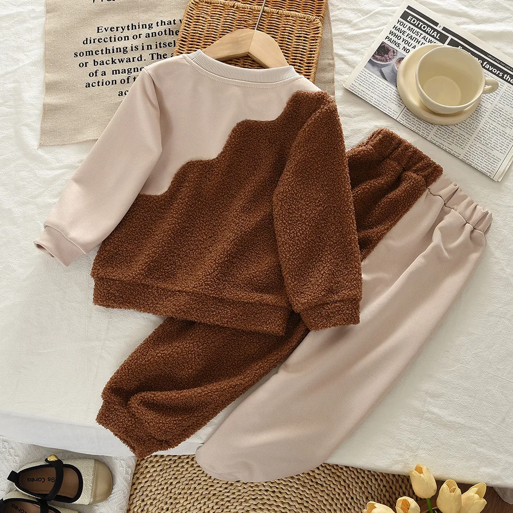 Autumn Retro Girls' Clothing Long Sleeved Teddy Fleece Irregular Splicing Top+Pants Korean Version Fashionable Children's Set