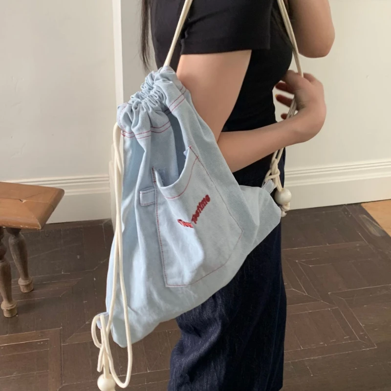 New Canvas Drawstring Bucket Bag Girl Versatile Shoulder Bags Letter Print Small Casual Daily Handbag Backpack for Women