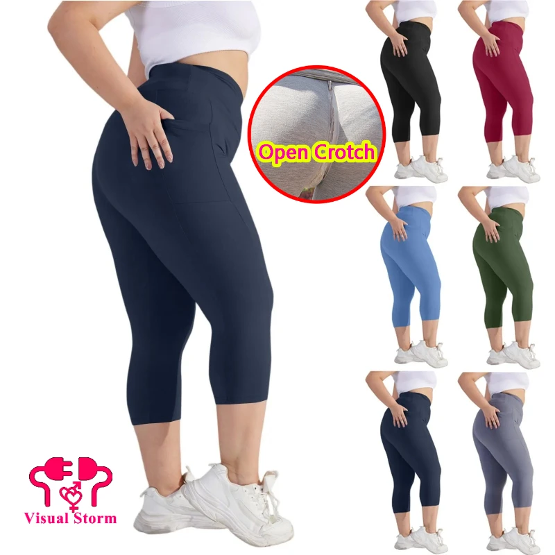 Women Hidden Zipper Open Crotch Pants Yoga for Leggings Fitness Tuck Butt Lift Slim Crotchless Pocket SportCropped Trousers