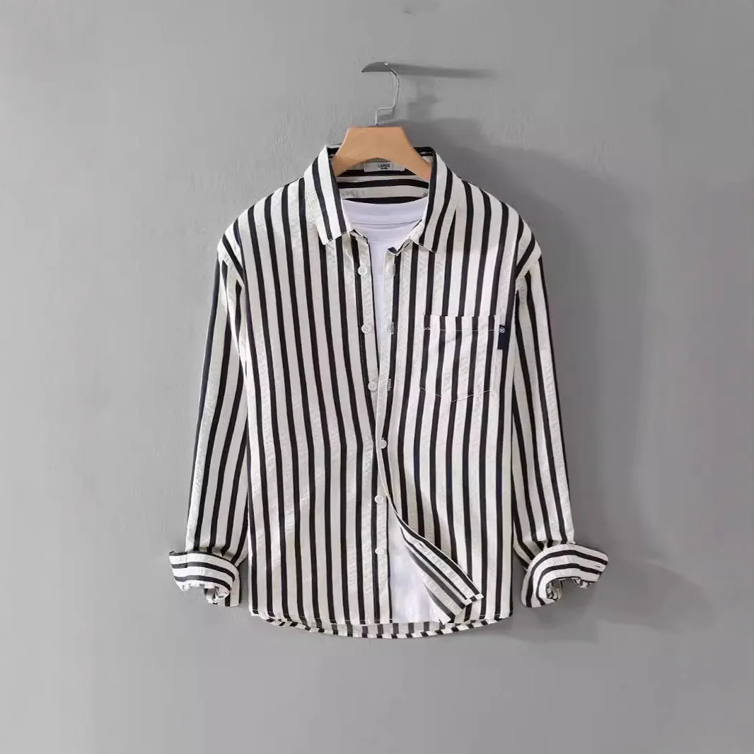 New Striped Shirts for Men Spring Fall Daily Casual Long Sleeve Shirt Man Bubble Texture Shirt Youth Tops Korean Popular Clothes