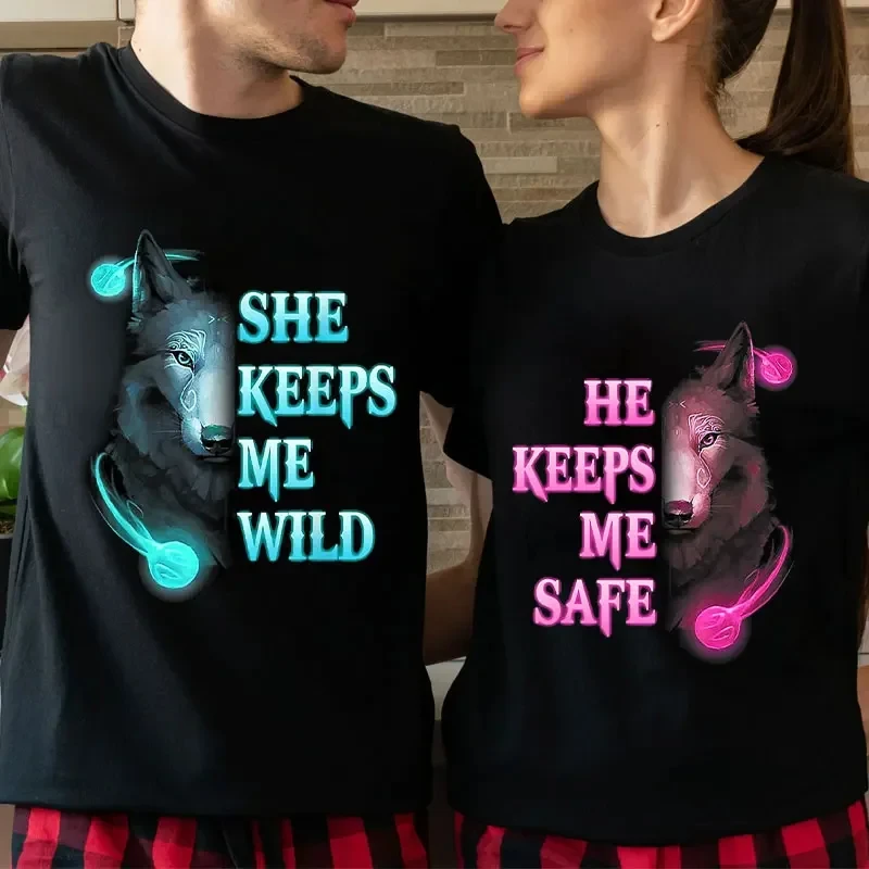 She Keeps Me Strong He Keeps Me Safe Couple Matching T-Shirt Wolf Couple Tshirts Casual Black LOVER TShirt Tops Valentine Shirts