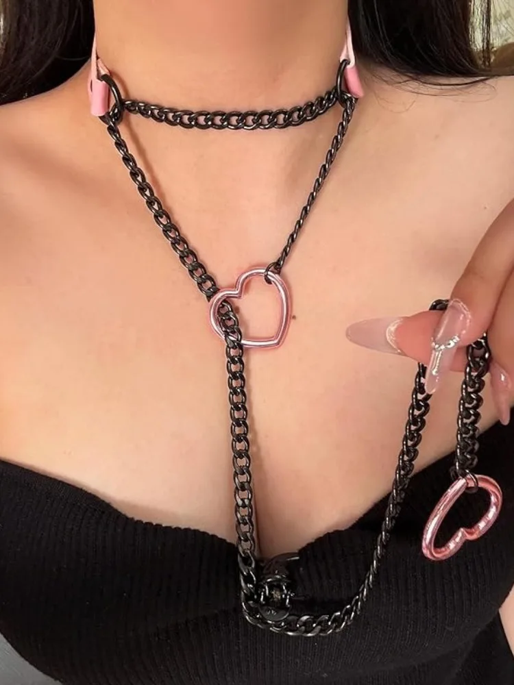 PU Leather Heart Slip Chain Stainless Steel Necklace Choker Collar For Women Goth Accessories Punk Gothic Harajuku Jewelry Gifts