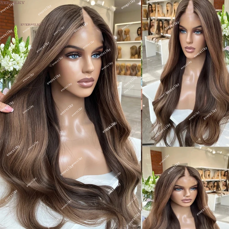 Wig Bagian V berombak pirang coklat kilau kastanye 100% Wig rambut manusia Remy Ombre rambut stroberi tubuh gelombang penuh bentuk U 250% ujung