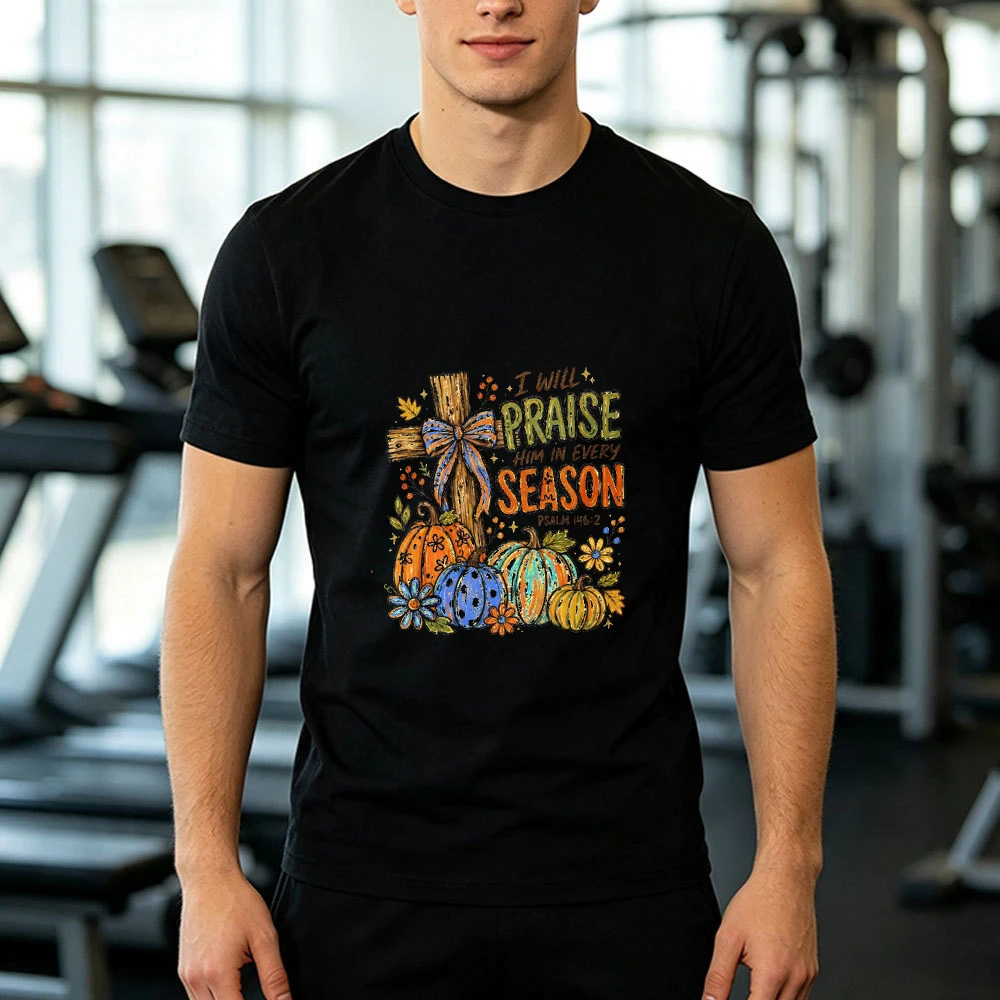 Vibrant Watercolor Pumpkin Cross With Blue Bow Praise Him In Every Season Male White T Shirt Artistic Fall Harvest Graphic Tee