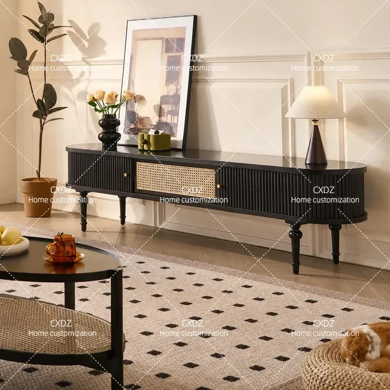 2025 New Solid Wood TV Cabinet Rattan Living Room Small Apartment Nordic High Footed Creative Slide Rail Cabinet Door Locker