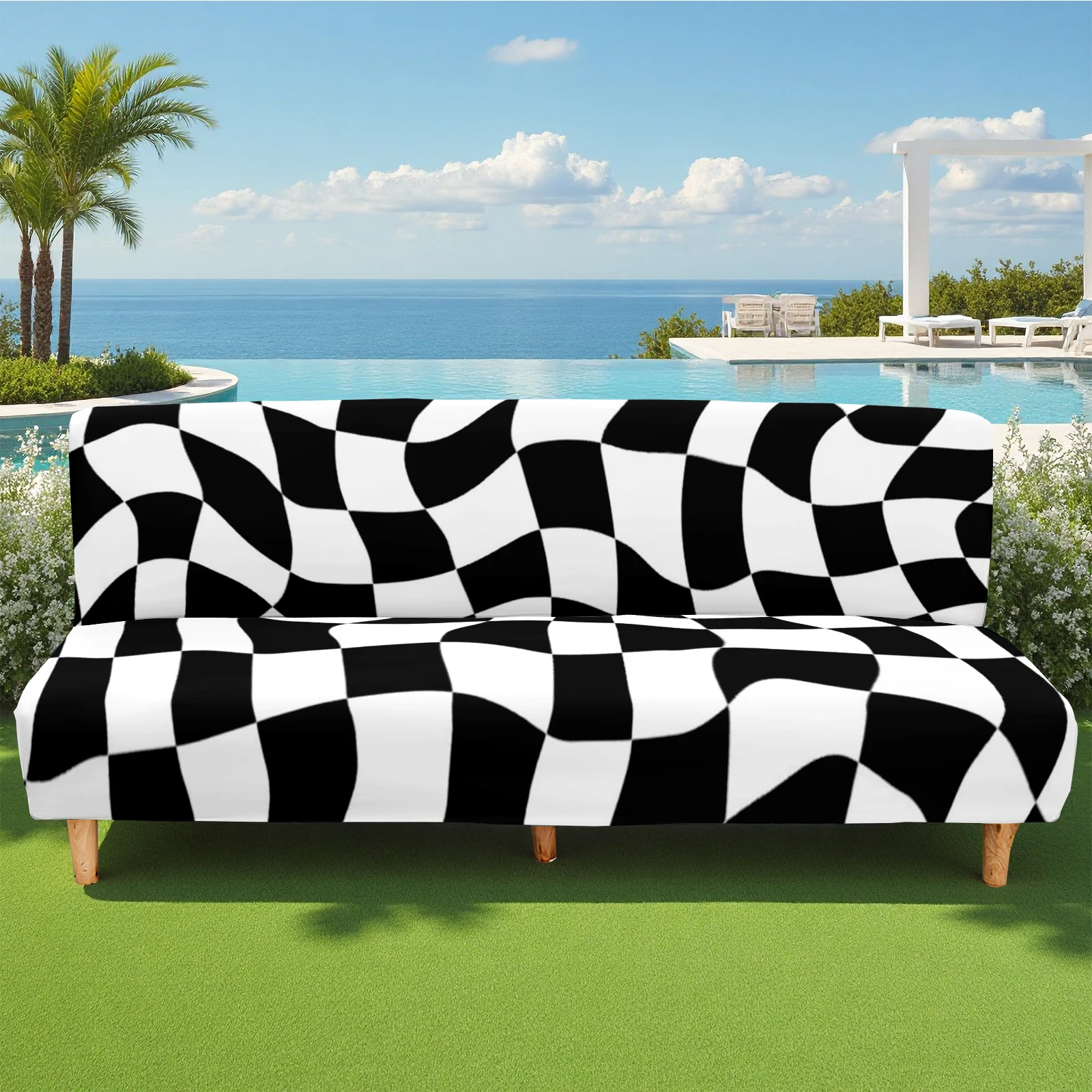 Checkerboard Print Elastic Futon Cover, Summer Outdoor & Indoor Sofa Slipcover, Milk Silk Fabric, Pet - Fri