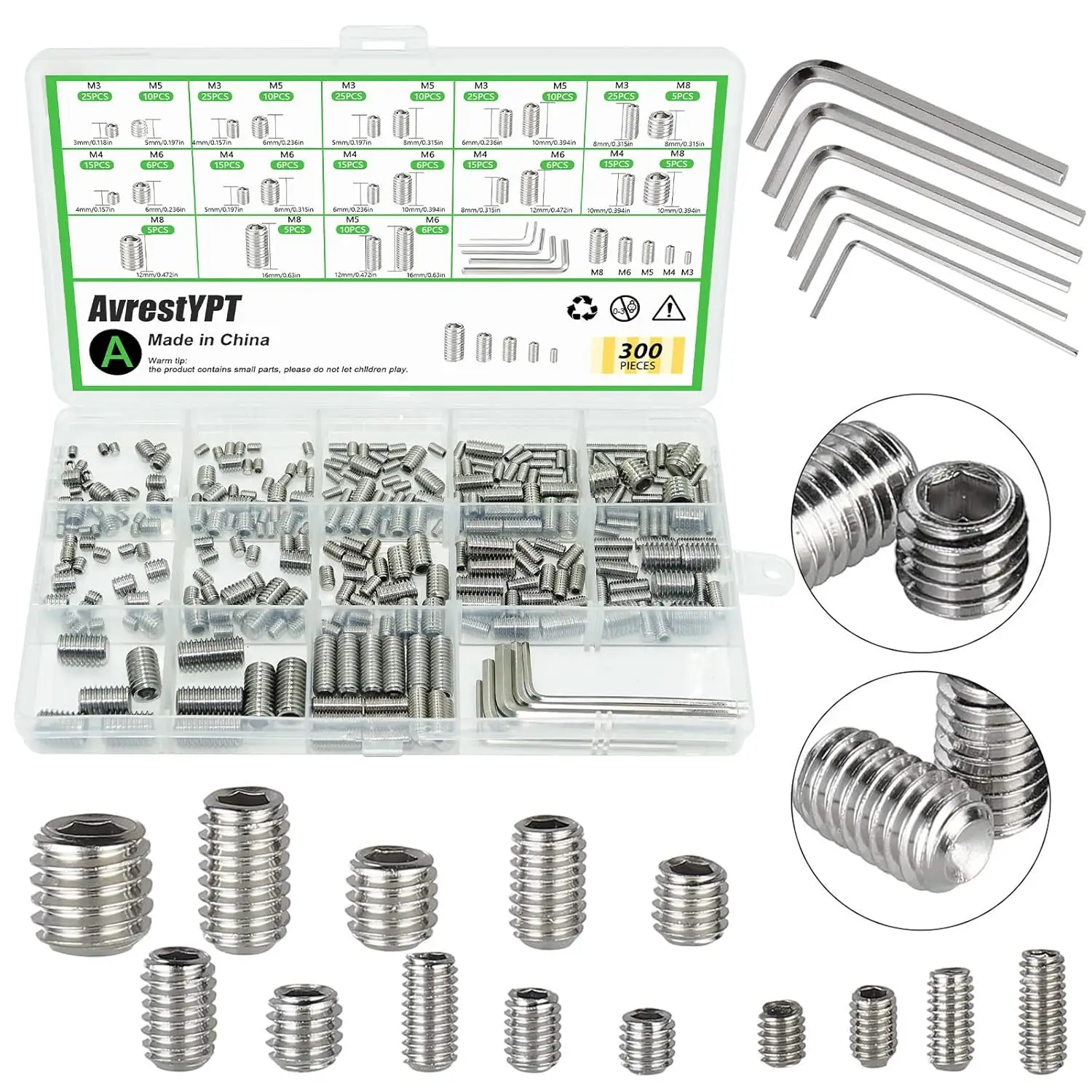 

300 Pcs Set Screws Assortment M3 M4 M5 M6 M8 Metric SAE Hex Allen Key Kit