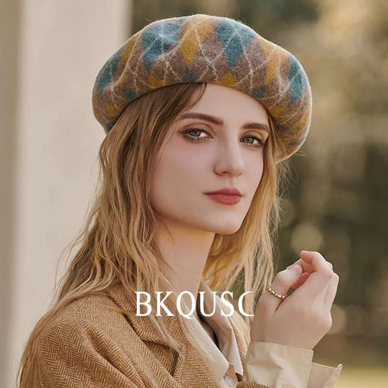 Winter Warm Wool Women Berets Elegant Vintage Artist Prismatic Check Hat 100/100 Pure Wool Cashmere Cap French Pumpkin Beret