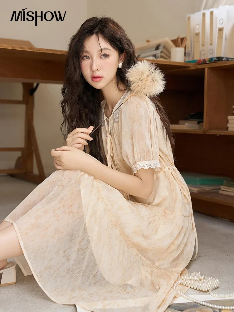 MISHOW French Temperament Long Dress for Women 2023 Summer Puff Sleeves Elegant O Neck Both Side Lace-up Waist Dress MXC38L1471