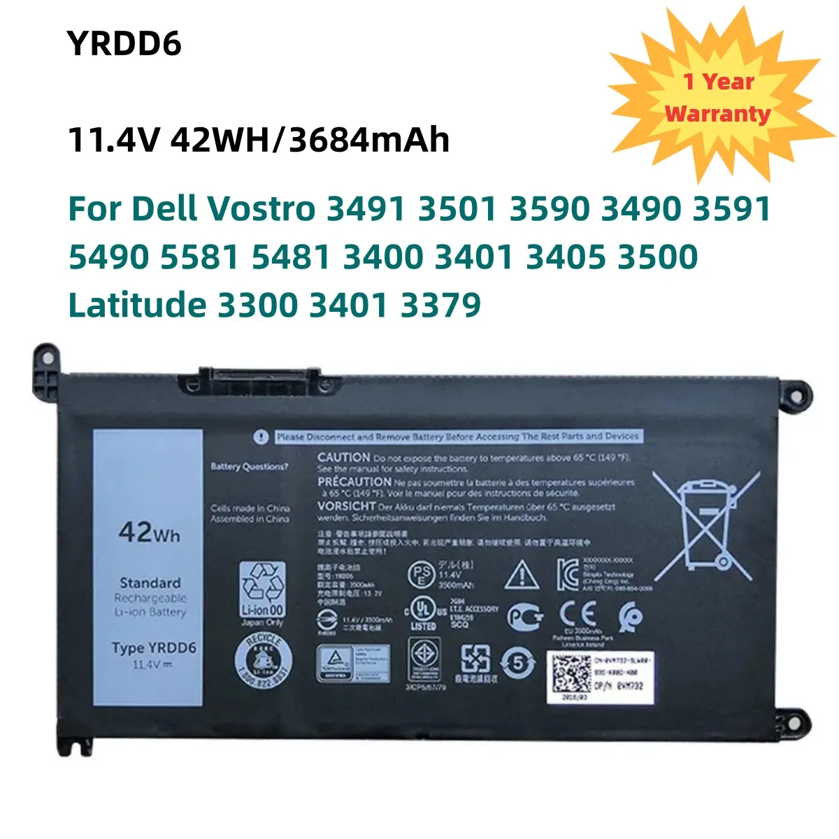 

New 11.4V 42Wh YRDD6 Battery for Dell Vostro 3491 5490 Inspiron 5482 5485 7586 3583 5491 5590 5591 5481 Latitude 3379 3300 3401