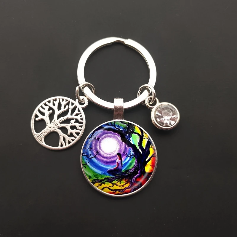 New round tree of life key chain crystal stone pendant key chain key ring car bag glass cabochon wholesale jewelry image 4