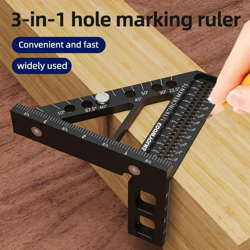 ENJOYWOOD 3D Multi-Angle Measuring Ruler Square Protractor Hole Positioning Inch/MM Aluminum Alloy T-Type Triangle Scriber Tool