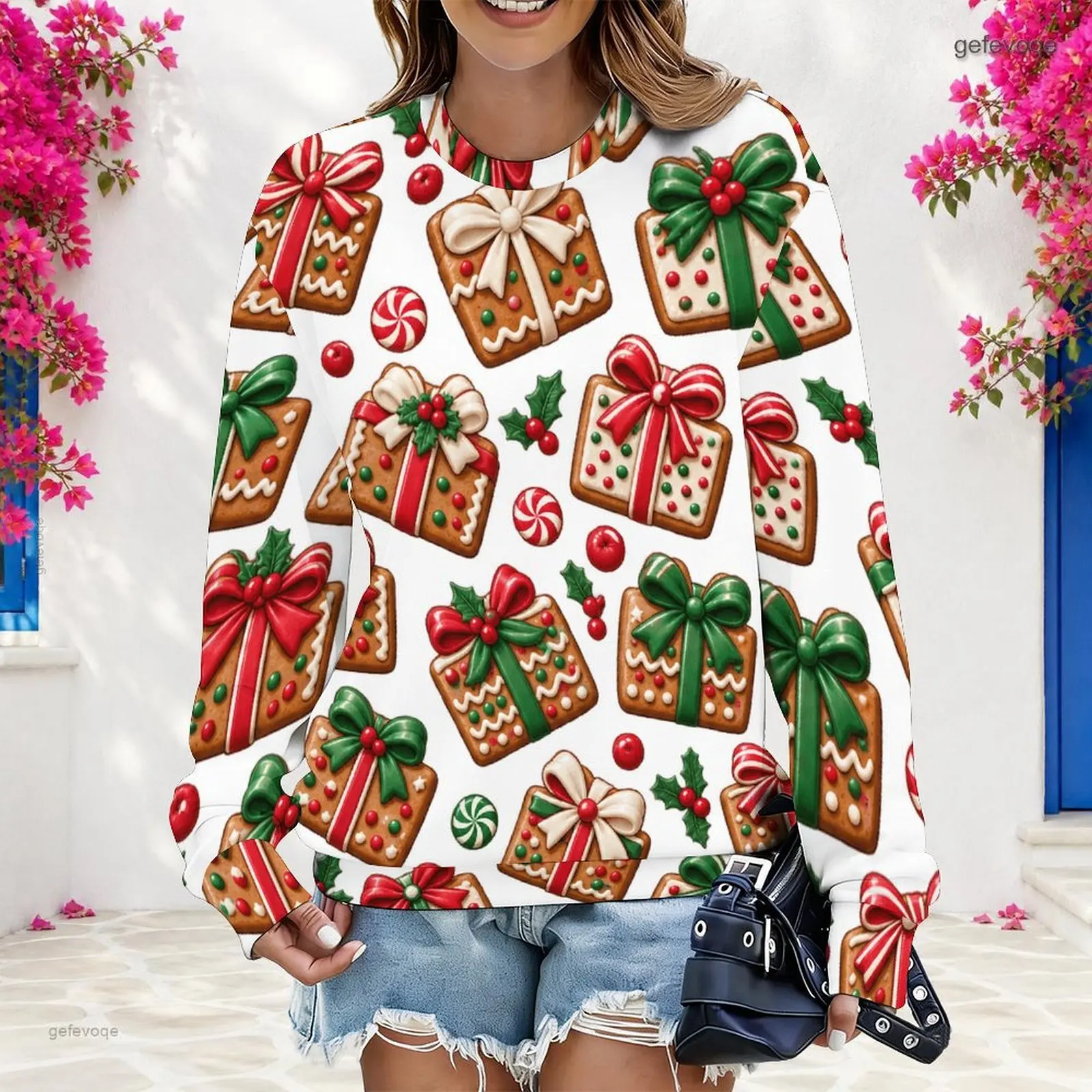 Women Round Neck Long Sleeve Pullover Sweatshirt, Gingerbread Gift Peppermint Holly Print