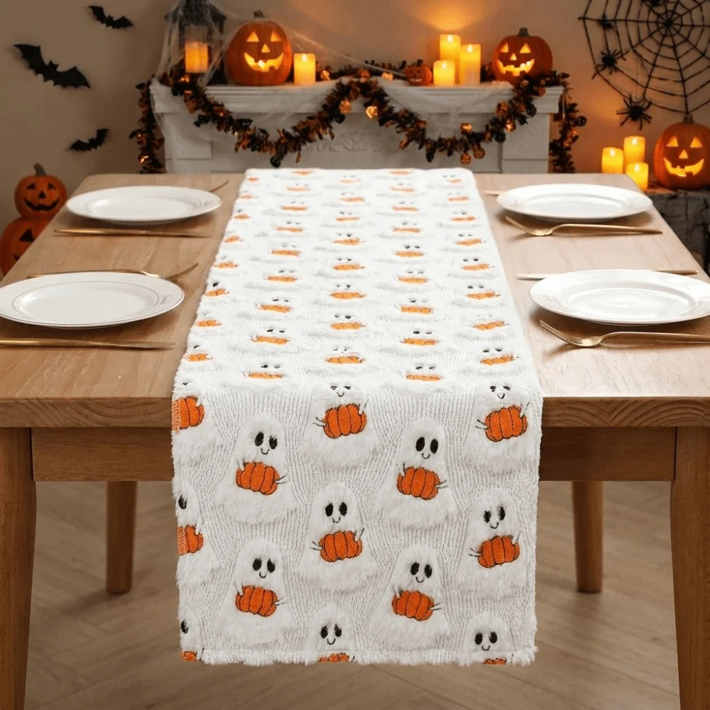 Comfortable Halloween Pumpkin Ghost Table Runner Soft Texture Cartoon Dining Table Cloth Rectangular Cute Spooky Long Tablecloth