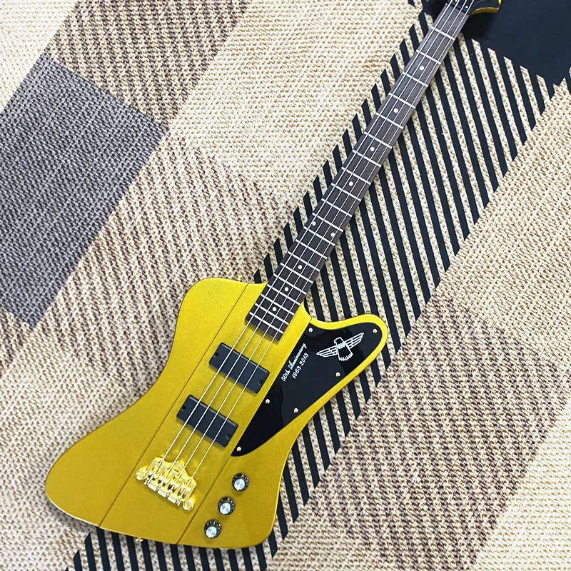 

Корпус из красного дерева Vicers, 4-струнный электрический бас с накладкой из палисандра, золотая фурнитура, двойные звукосниматели и рисунок птицы, в наличии