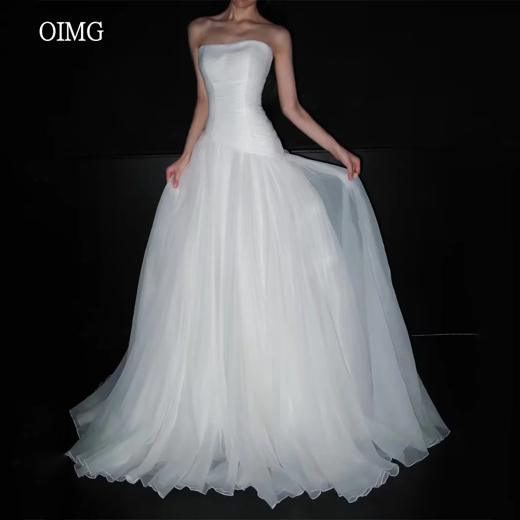 OIMG Simple Strapless A Line Wedding Dress Backless Bride Dresses Floor Length Wedding Gown платье свадебное Customized