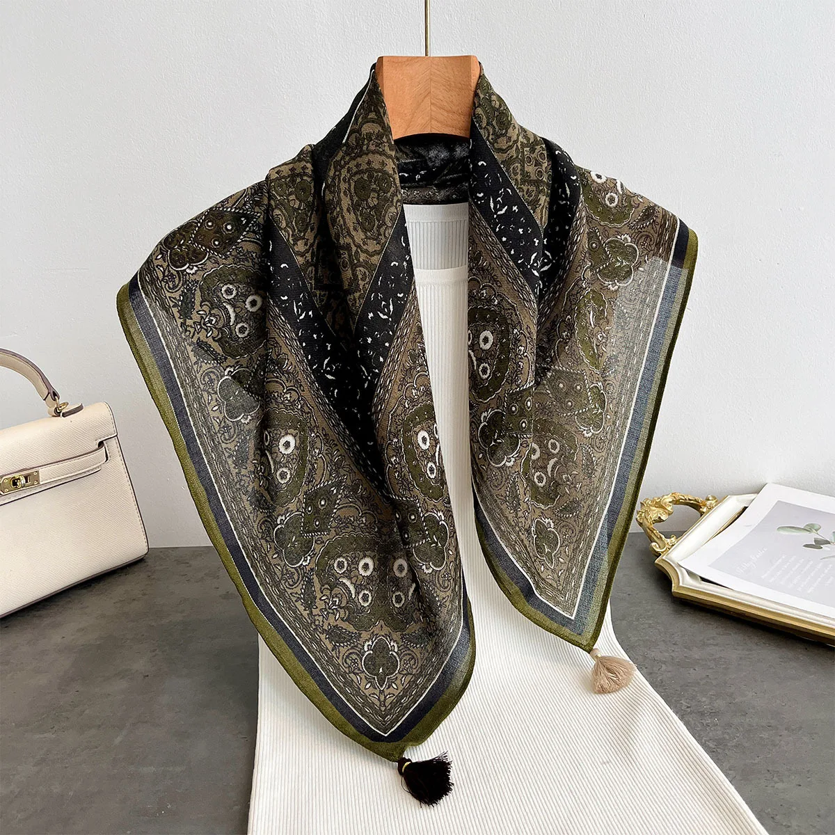 Scarf Women French Retro Lace Tassel Pendant Square Shawl Wrap Fall 2026 Outerwear Neck Cover Headscarf Hijab Pashmina Bandana