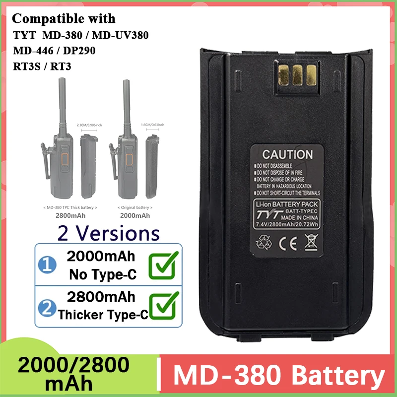 TYT MD-UV380 Battery RT3S Replacement Battery Original 2000mAh 2800mAh Type-C Charging Optional For MD-380 DP-290 MD-446 Radios