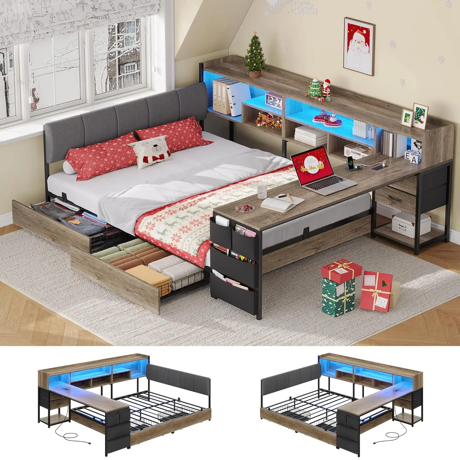 #￥Corner Storage Bed Full with Desk Headboard 4 Drawers 6 Shelves LED USB Small Room Oak Gray, Customized