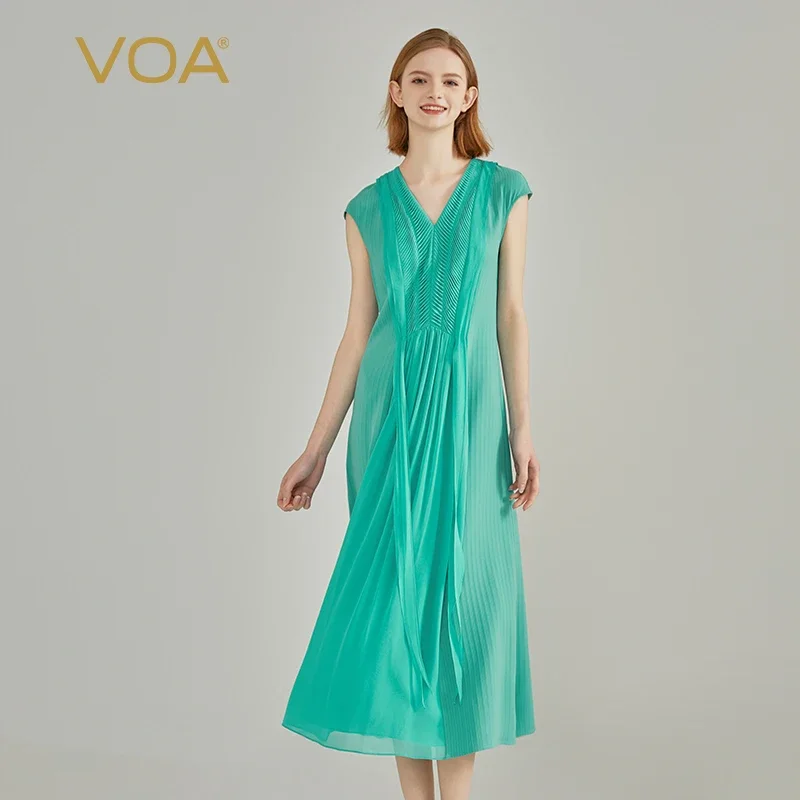 VOA Heavyweight Silk 44 Momme Boundless Aqua Blue V-Neck Tucker Pleated Ribbon Design Elegant Intellectual Sleeves Dress AE2175