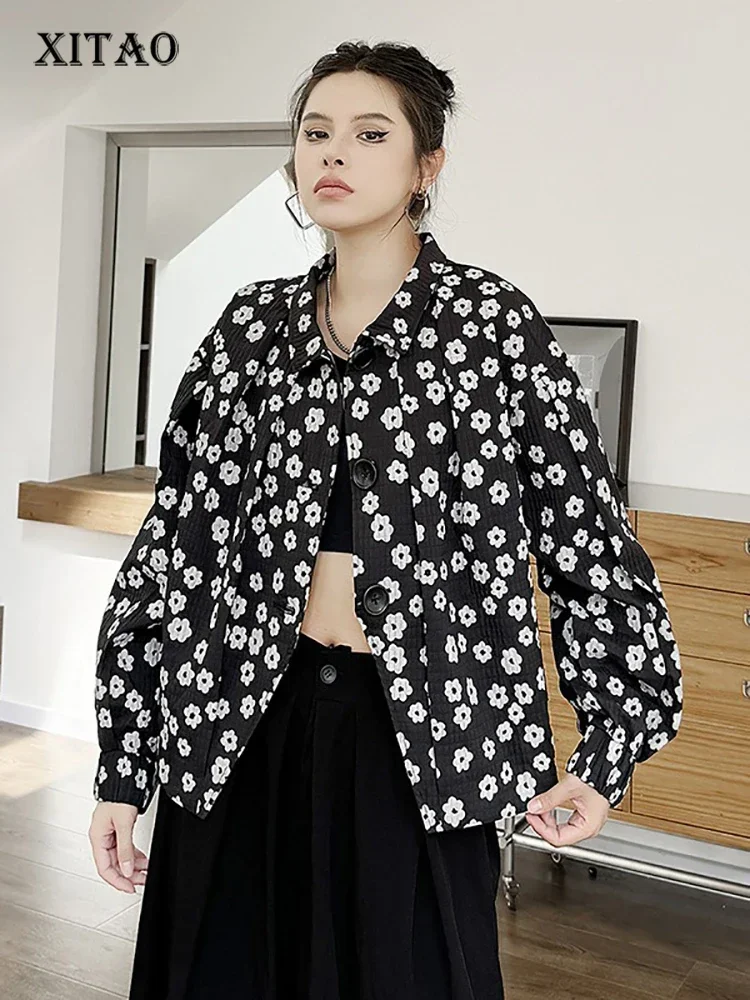XITAO Print Turn-down Collar Single Breasted Jackets Long Sleeve All Match Fashion Temperament Casual Coat Spring New DMJ5022