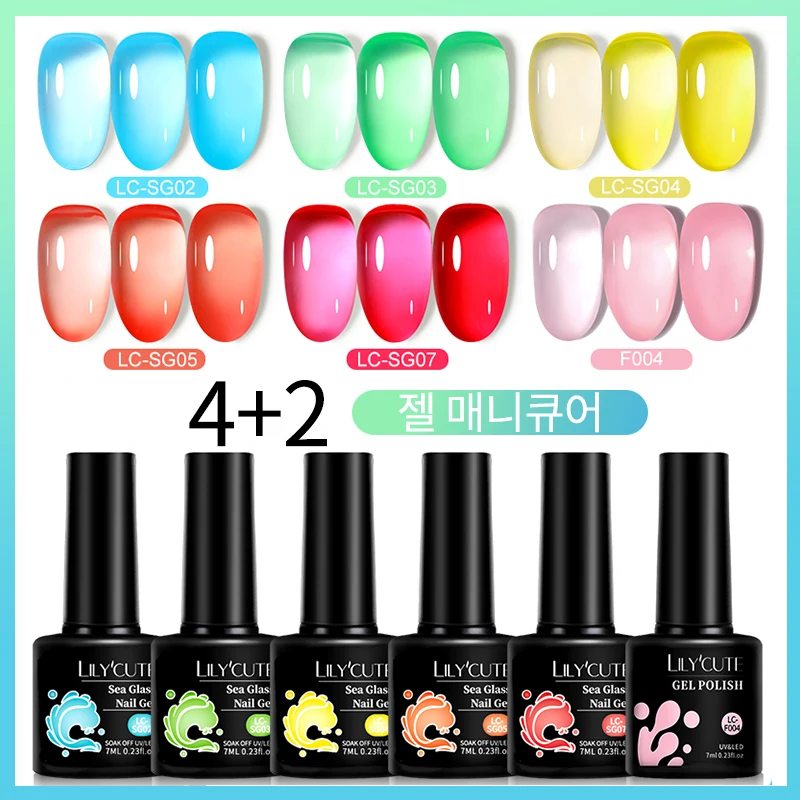 LILYCUTE 6Pcs 7ML Jelly Glass Gel Nail Polish Set Sea Blue Varnish Semi-transparent Nail Art Semi Permanent UV Gel Varnish