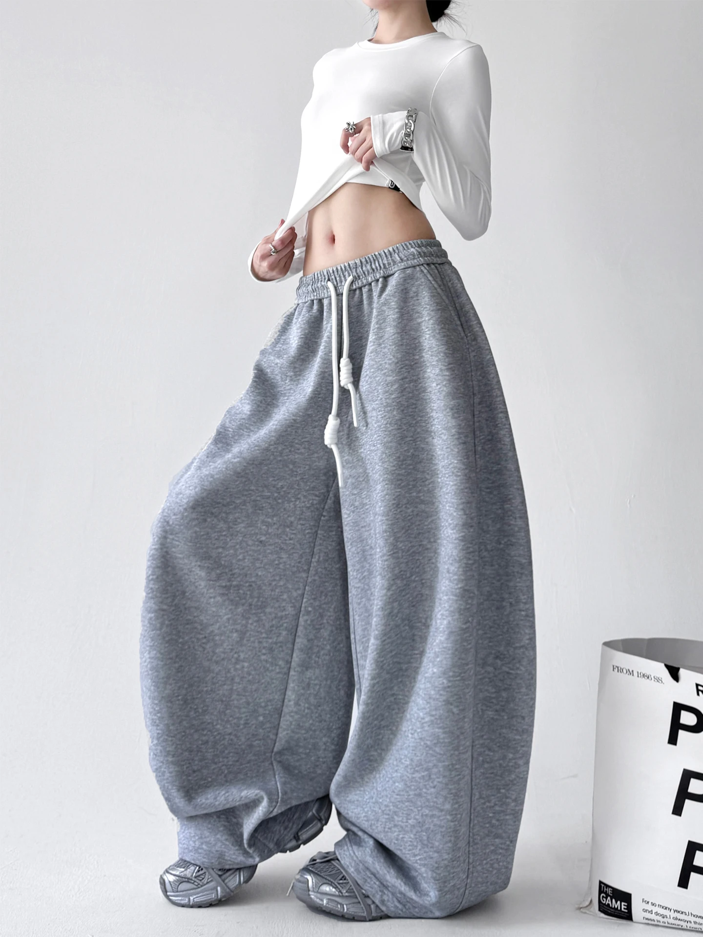 بنطلون نسائي عصري بخصر عالٍ وساق واسعة، سروال فضفاض غير رسمي على الطراز الكوري، موضة الخريف، مقاسات كبيرة، قصة مستقيمة