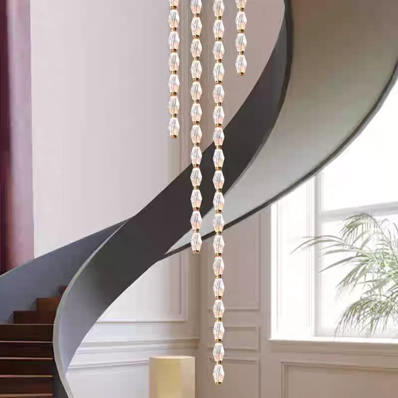 Custom Project Hotel Living Room Stair LED Hanging Lamp Luxury Long String Metal Crystal Chandelier Pendant Light