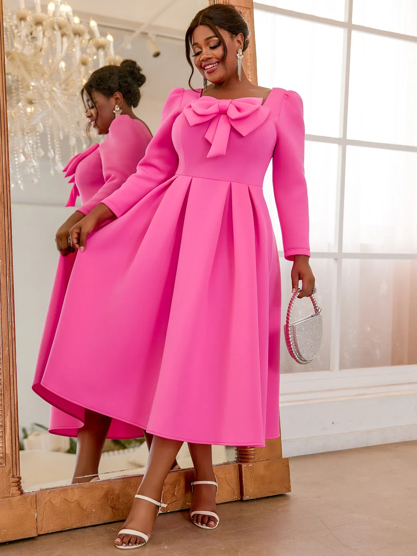 

Aomei Women Fuchsia Christams Party Dress Square Collar Bow Long Sleeve Elegant A-Line Gowns Formal Celebrate Evening Event Robe