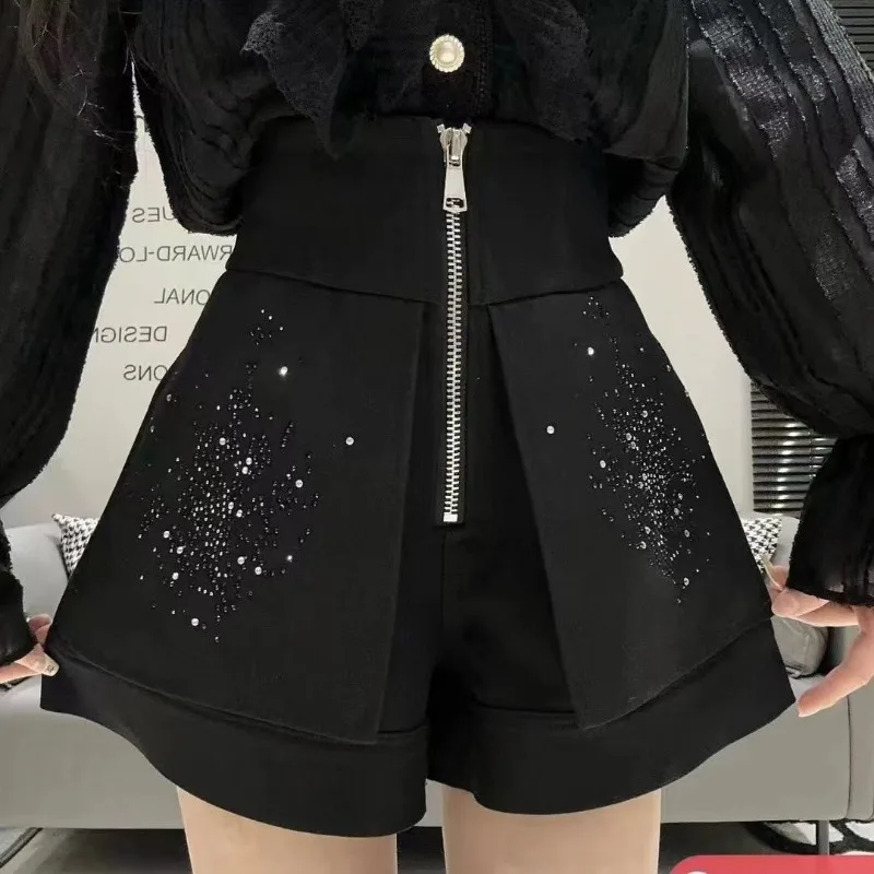 Heavy Industry Hot Diamond High Waist Slim Casual Shorts Suit A-line White Pantalones Cortos De Mujer Black Wide Leg Short Pants