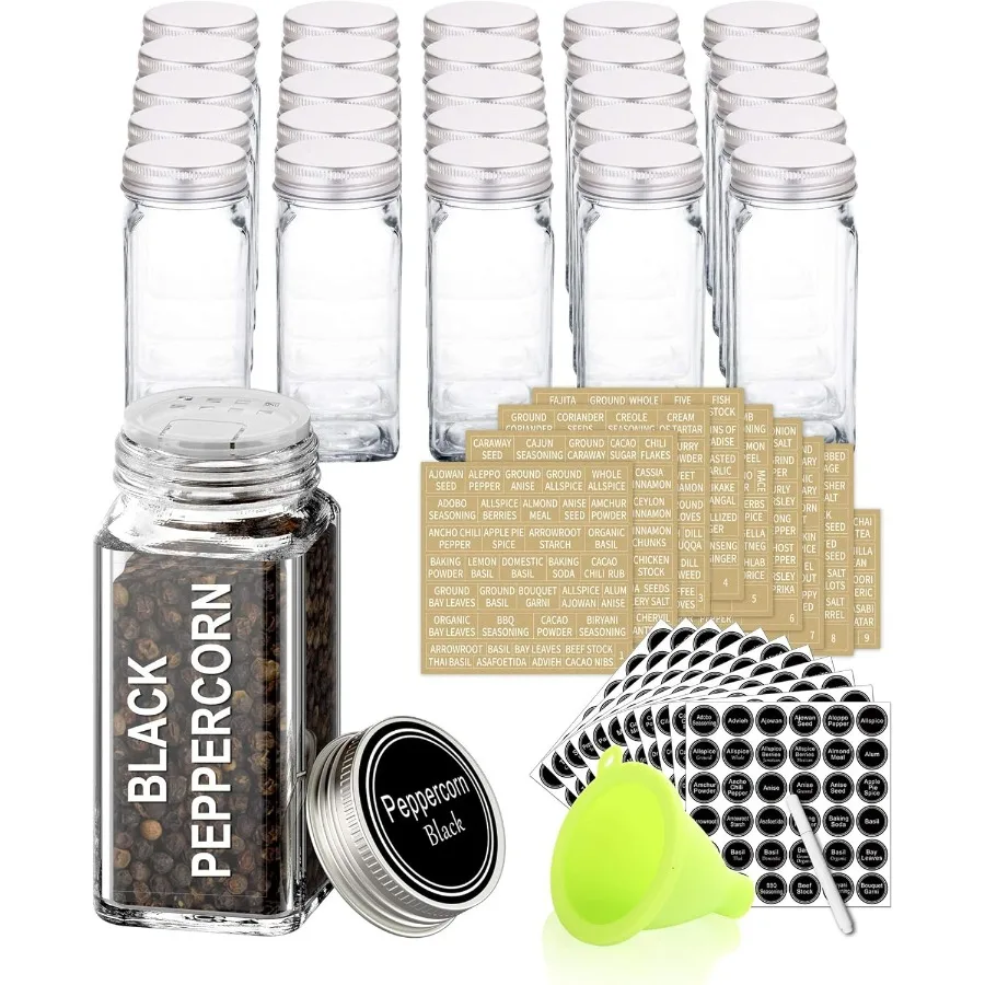 

25 Glass Spice Jars with 703 Spice Labels Chalk Marker and Funnel Complete Set for Kitchen Organization 25 Square Glass Jars 4O