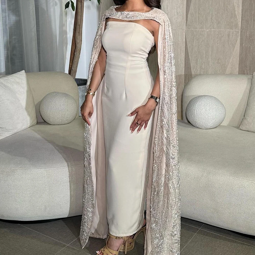 

Customized Fashion Jersey Straight Shawl Sequined Evening Dress Strapless Sleeveless Watteau Train Bespoke Occasion Gowns