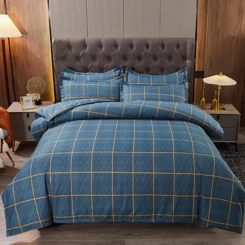 Luxury Dark Blue Men Boys Duvet Cover Set with 2 Pillowcases Simple Bright Yellow Lines Dormitory Bedding Breathable Quilt Cover