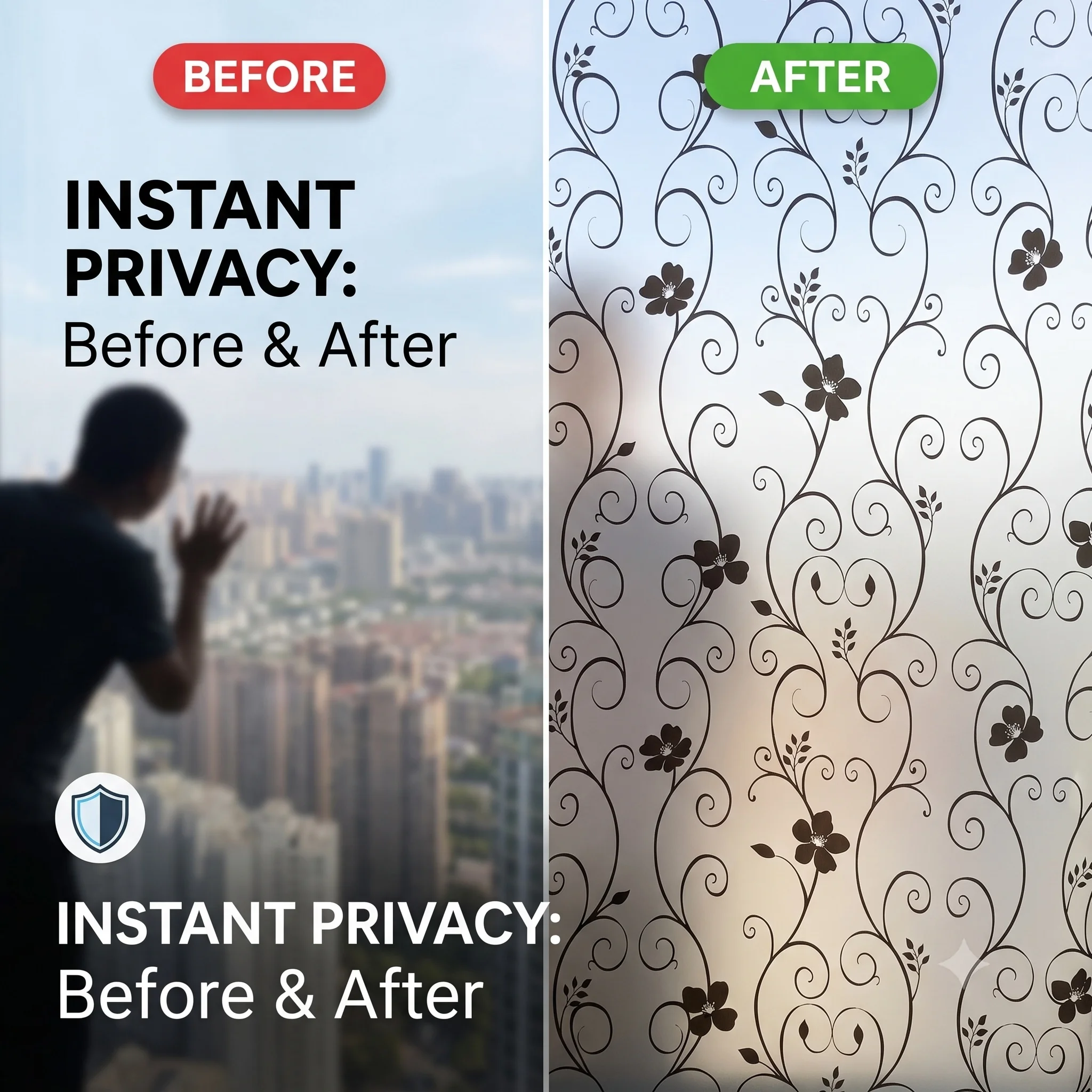 Black Floral Vine Self-Adhesive Window Film Frosted Privacy Glass Sticker Anti-Peeping Soft Light Transmission Scratch-Resistant