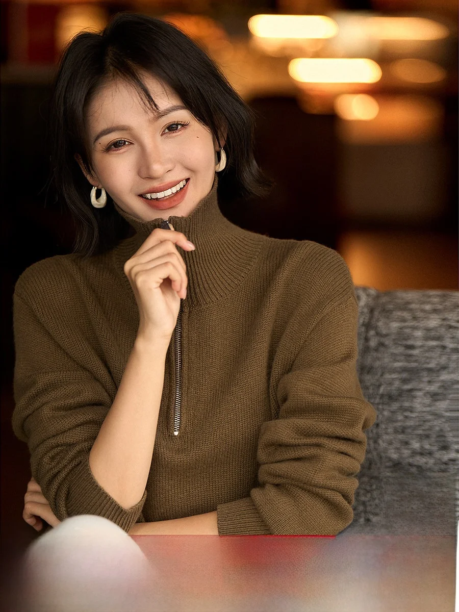 

Женский вязаный свитер Xhange из плотной хлопковой шерсти с молнией, модный и свободный крой