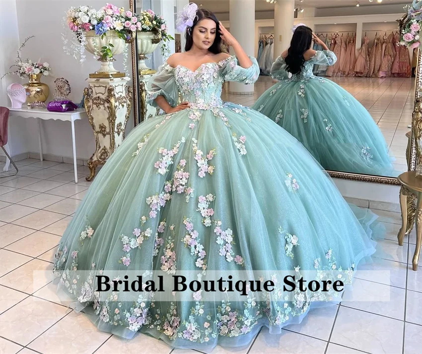 Elegant Green Quinceanera Dress 2024 Beads Flower Appliques Ball Gown Birthday Dress Vestidos De 15 Años Customized