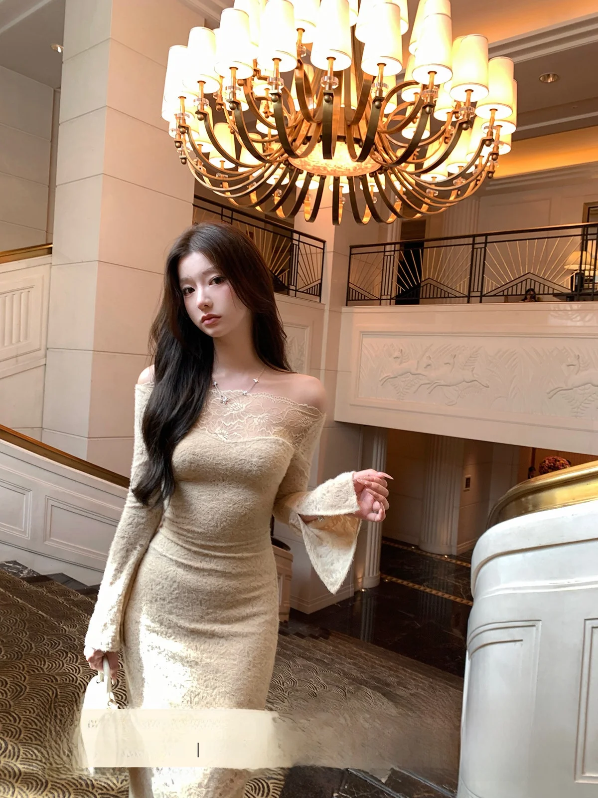 

Элегантное женское повседневное платье Yoyozhang Winnie Miss Spring с одним открытым плечом, длинное, приталенное, модное, для повседневной носки