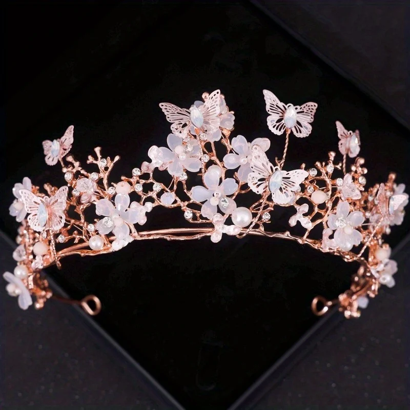 Bridal Crown Baroque Pearl Rhinestone Crown And Tiara Butterfly Hairband Wedding Hair Accessories Princess Crown Bride Tiaras