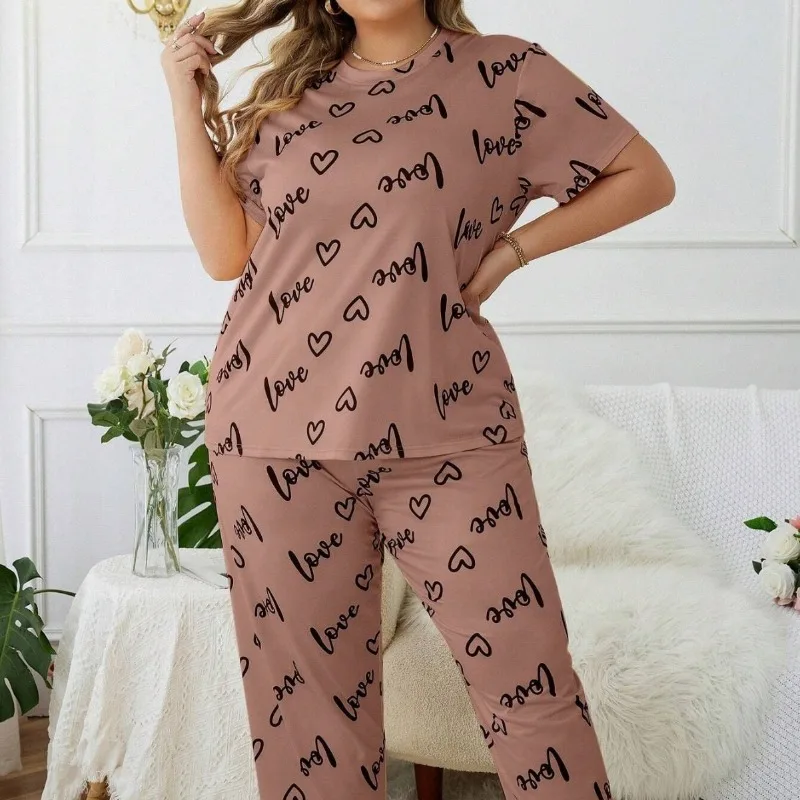 European-style Plus-size Home Wear with Heart-shaped Collar, Short-sleeved, Long Pants, Pajama Set for Women, Sleepwear